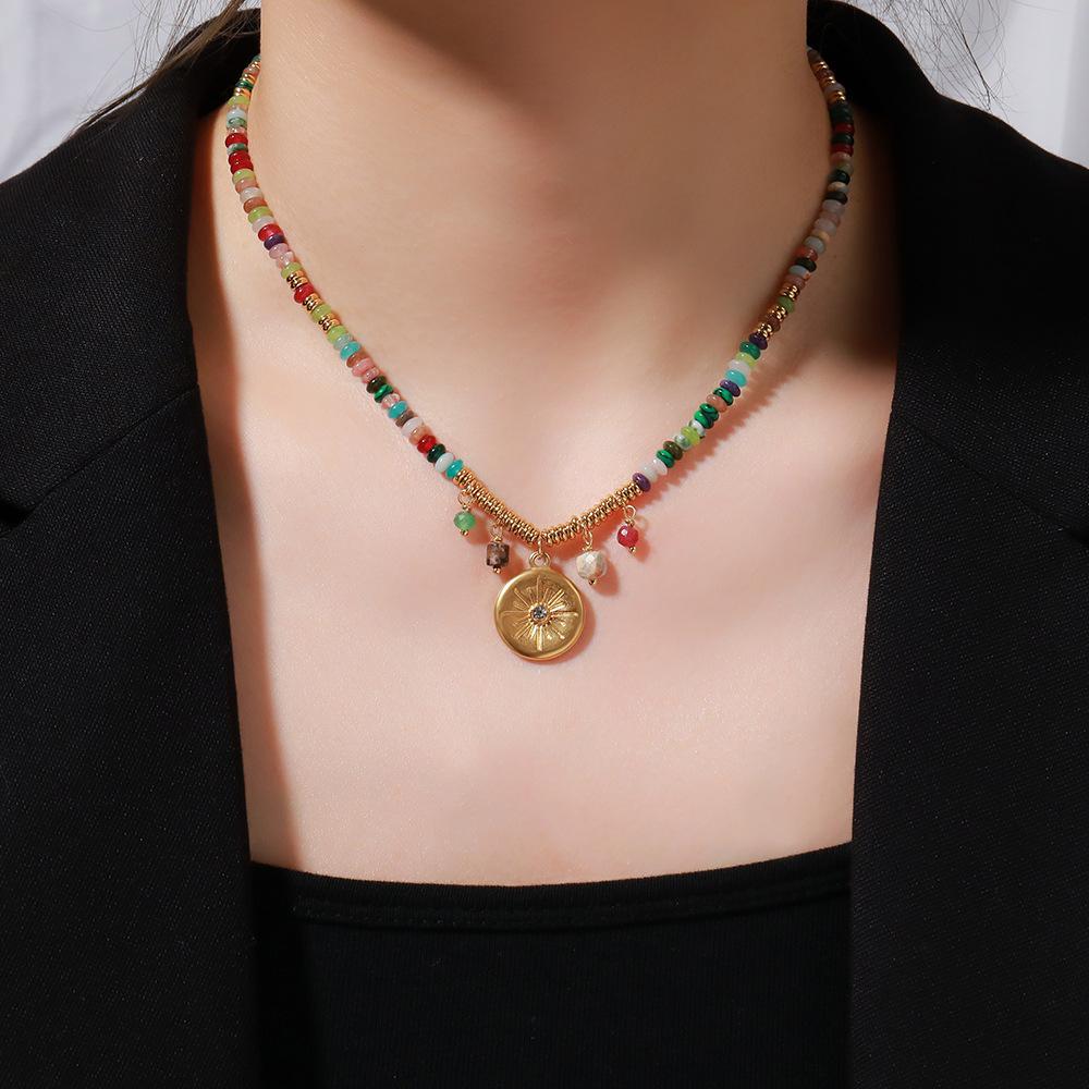 GEMCHIC Women's Colorful Beaded Necklace with Geometric Sun Pendant, Vintage Ethnic Style Natural Stone Choker