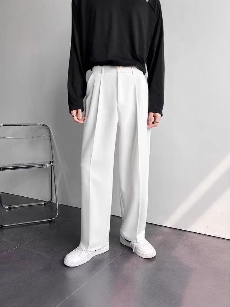 Men's High-End American White Loose Straight-Leg Floor-Length Versatile Dress Suit Pants