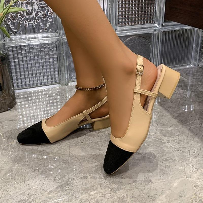 Women's Colorblock Low Heel Closed Toe Sandals, Retro Single Strap Backless Flats