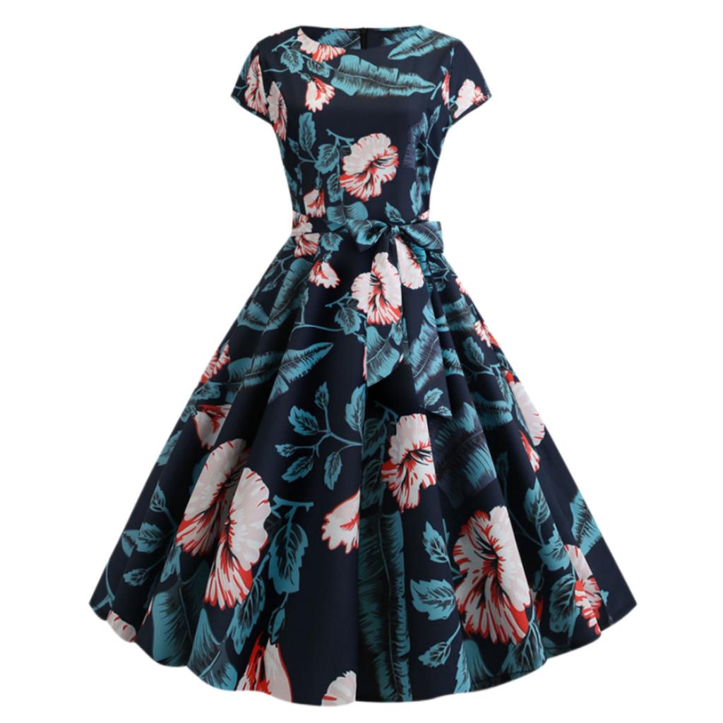 GMXIA Women's Summer Vintage Crew-neck Sleeved Waist Strap Print Swing Dress