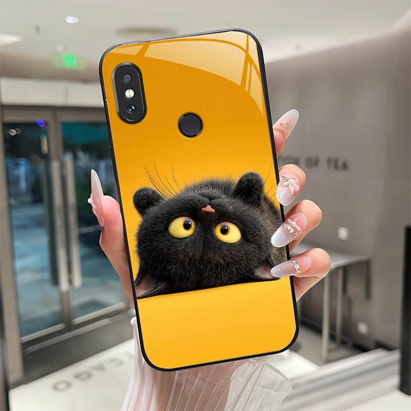

Beautiful Flower Cute Cats Case For Xiaomi Redmi Note 5 / Note 6 Pro Tempered Glass Phone Case Protective Back Cover Hard Shell Redmi Note 6