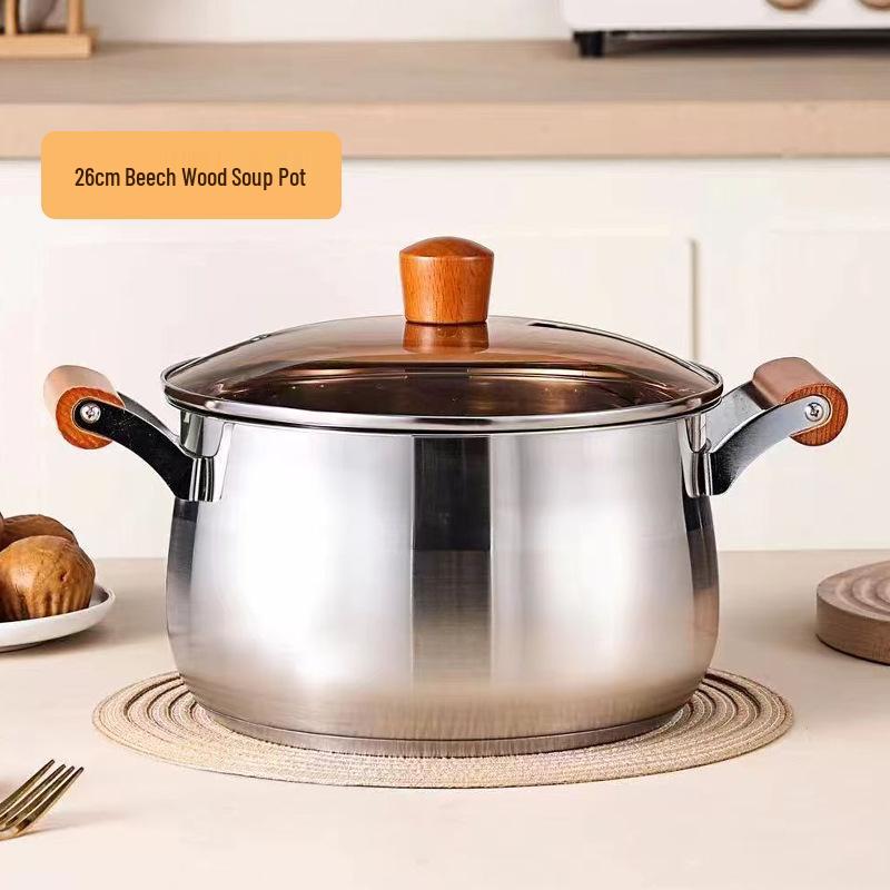Beech Wood Handle Cookware Set: 5PC Stainless Steel Pot Set with Milk Pot, Double-Ear Soup Steamer, and Gift-Ready Packaging.