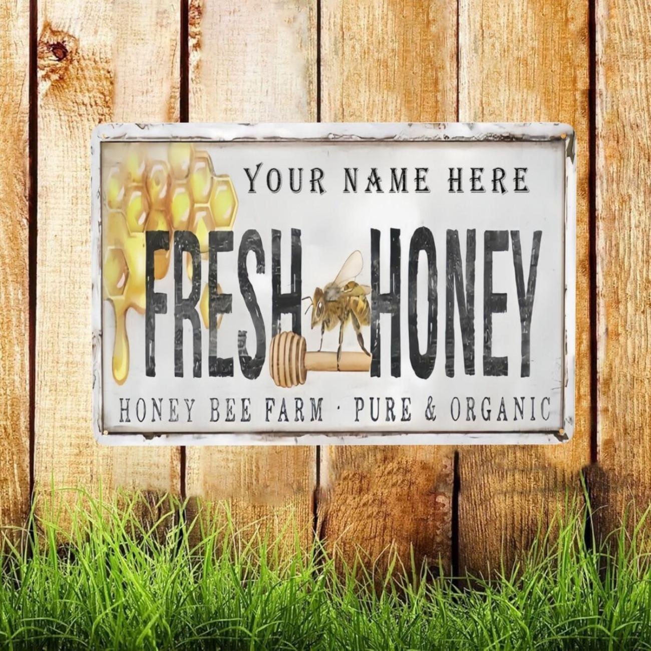 Personalized Bee Honey Aluminum Metal Sign 20x30cm Farmhouse Wall Decor белый