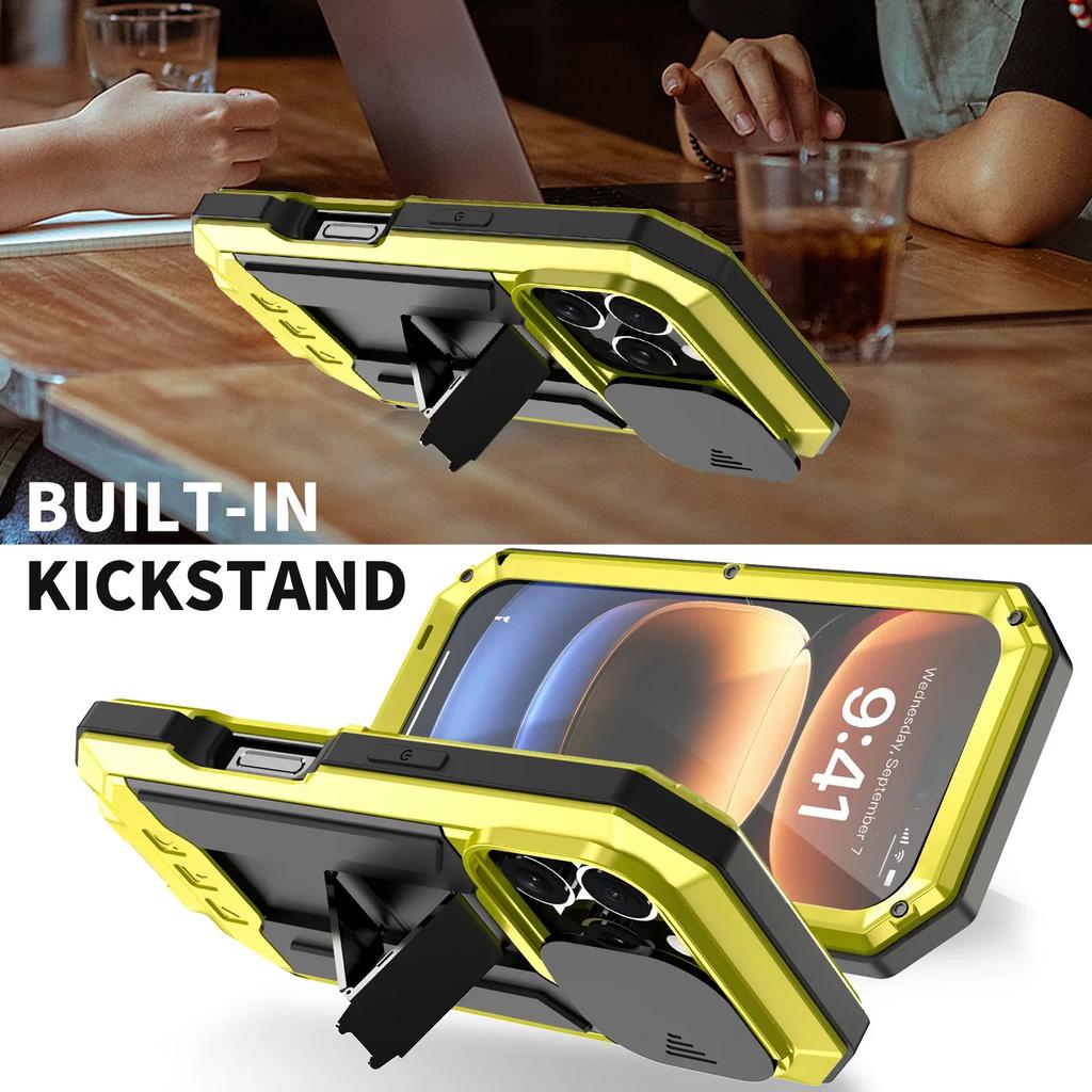 Armor Metal Phone Case for IPhone 17 16e 16 15 14 Plus 13 Pro Max Built-in Kickstand Screen Lens Protect Shockproof Guard Cover