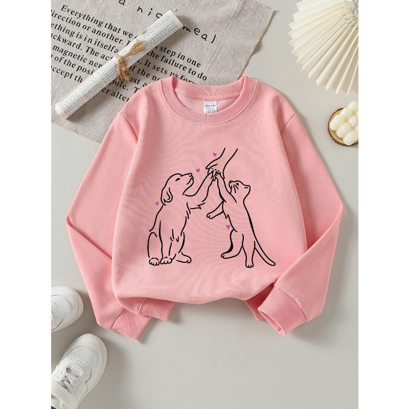 Girls Crew Neck SweatshirtCute Dog Cat Hand Hold Love Print, Soft Cozy Pullover, Warm Casual Outfit for Autumn & Winter