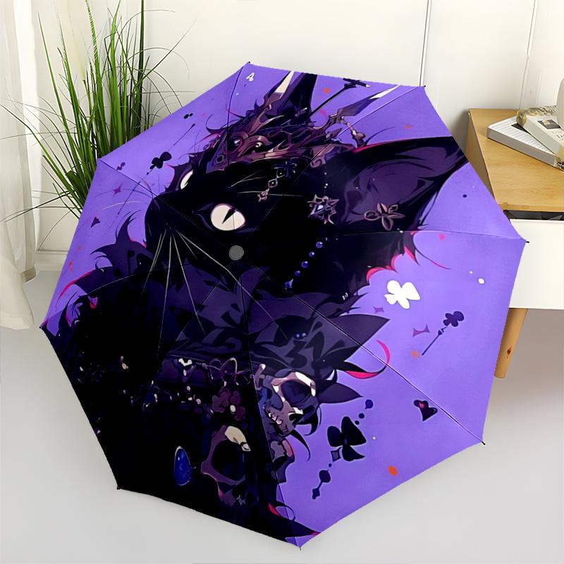 

1pc Black Cat Skull Crown Automatic Folding Umbrella Elegant Design with Playing Cards, Perfect for Fans, Travelers, and Daily Use - Ideal Gift f