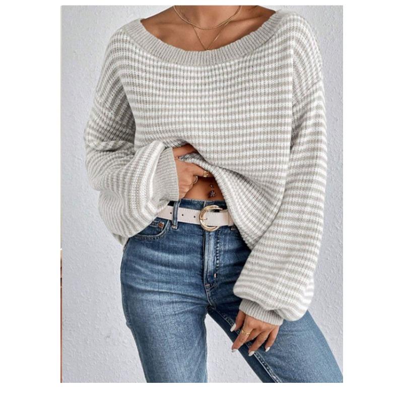 Women S Loose Fit One Shoulder Neck Striped Long Sleeve Pullover Knit Sweater
