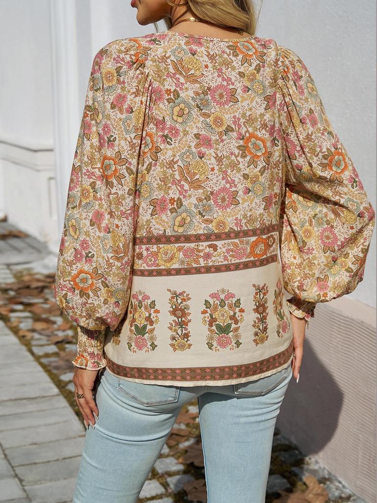 Bohemian Rayon Print Lace-up Long Sleeve Top for Women - 2025 Spring/Summer Collection