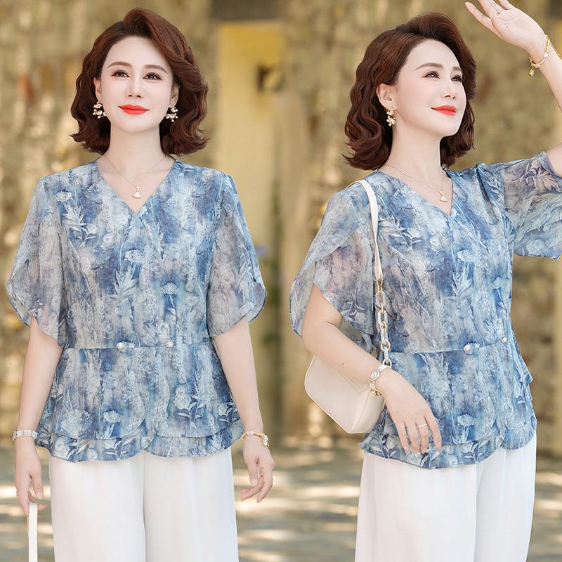 

Stylish Seven-Sleeve Printed Top for Middle-Aged Women - Spring/Summer Fashion 2XL (105-120 lbs)