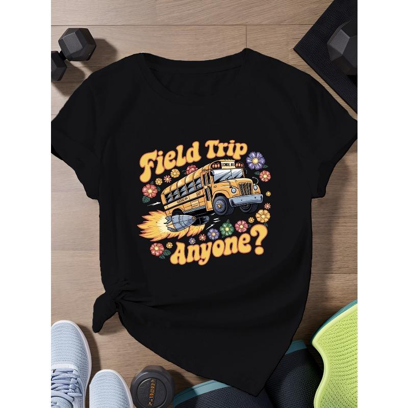 

European Size school bus flowers Women s Plus Size Sports Short Sleeve T-Shirt 4XL