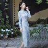Blue National Style New Chinese Long Autumn Long-sleeved Cheongsam Improved Young Women's Retro Slim Waist Autumn and Winter Clothing