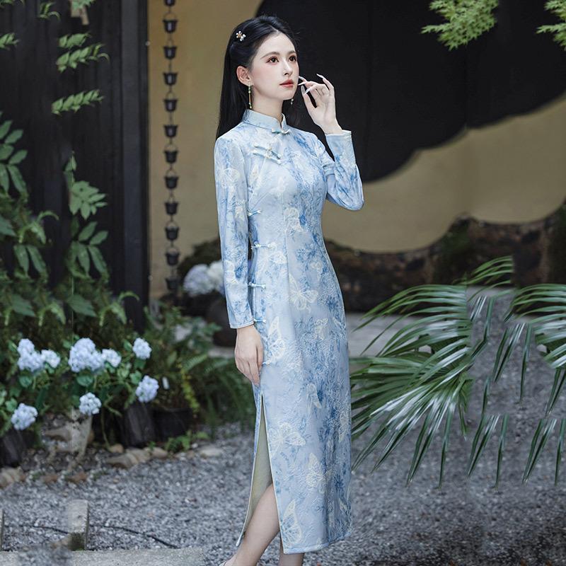 Blue National Style New Chinese Long Autumn Long-sleeved Cheongsam Improved Young Women's Retro Slim Waist Autumn and Winter Clothing