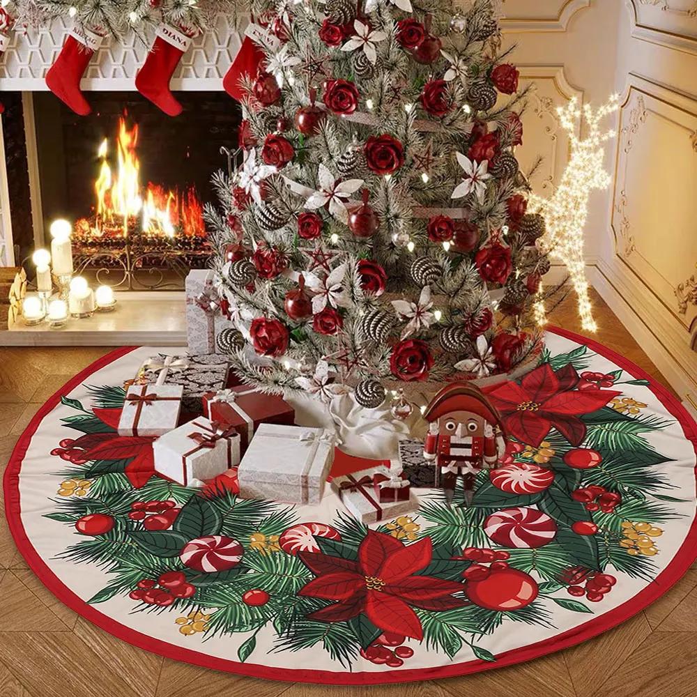 90cm Large Christmas Tree Skirt Living Room Decor Round Rug Red Christmas Tree Foot Cover Carpet Festive Home Party Decor