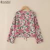 ZANZEA Damen Freizeit Schnürung V-Ausschnitt Langarm Blumenmuster Strickjacke Bluse