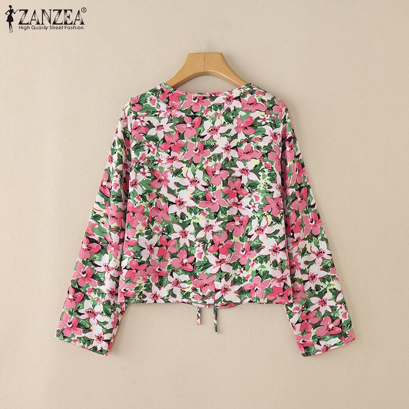 ZANZEA Damen Freizeit Schnürung V-Ausschnitt Langarm Blumenmuster Strickjacke Bluse