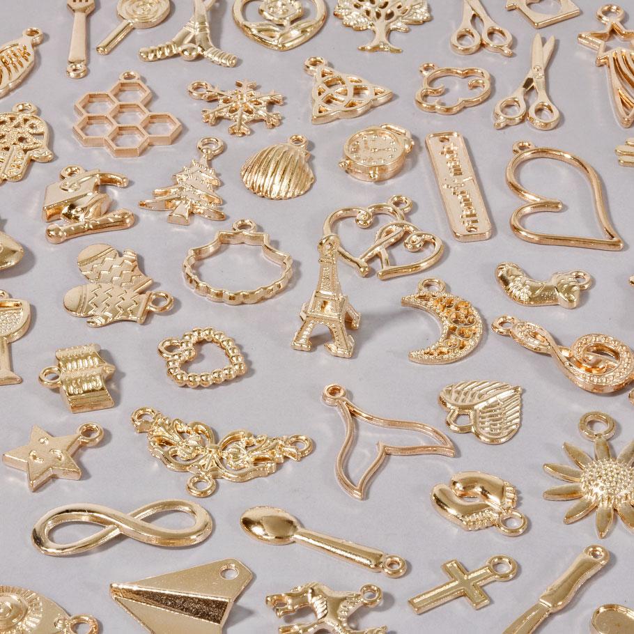 KC Gold Color Random Mix Cute Metal Charm Heart Moon Flower Pendants For Jewelry Making Supplies Handmade Bracelets Charms Bulk
