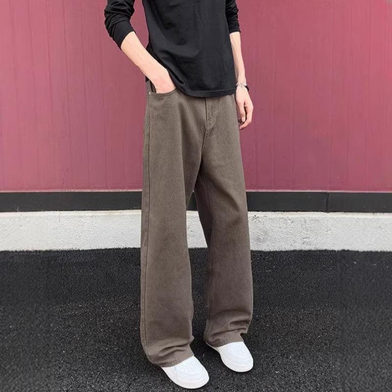 Unisex Solid Brown Wide Leg Jeans Loose Straight Full Length Streetwear Casual Floor Denim Trousers