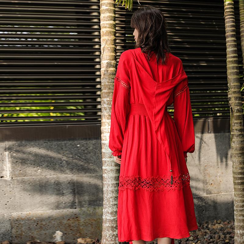 

Этнический стиль Ретро Красное платье со съемным капюшоном - Путешествие по озеру Цинхай Тибет Хлопково-льняное длинное платье L