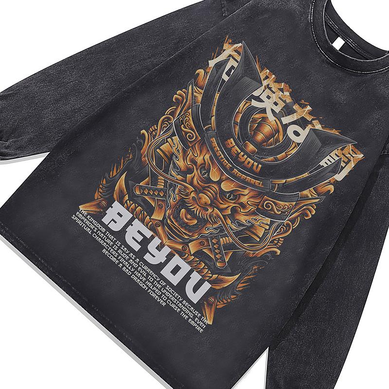 Heavy Cotton Retro Round Neck Bottoming Sweater Ukiyo-E Painting Printing Washed Old Long-Sleeved T-Shirt Men