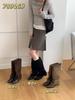 Retro pointed lace-up stacking boots women's autumn new thin mid-tube cowboy boots but knee knight boots
