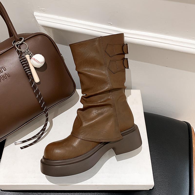 New Spot Maillard~ Retro Medium Tube Martin Boots Women's British Style 2025 Autumn and Winter Folded Pants Pile Pile Pile Pile