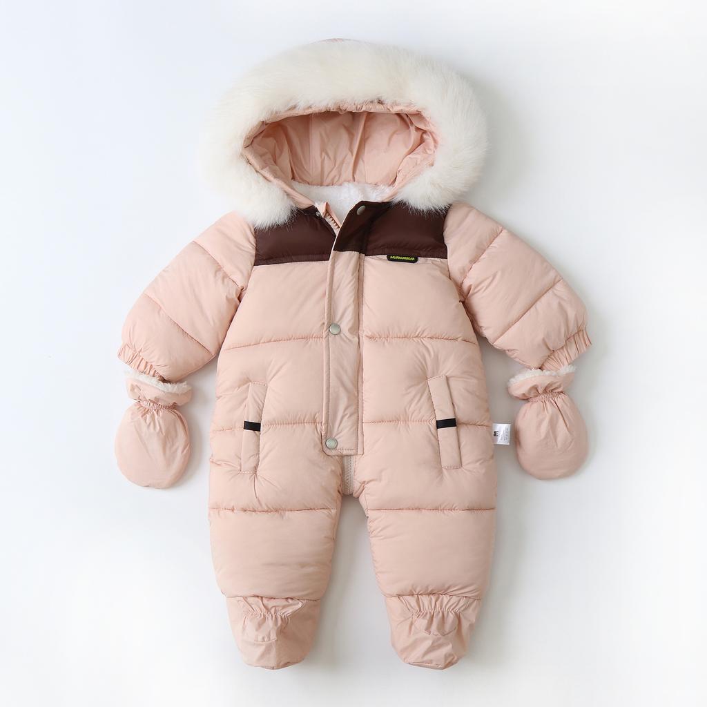 Vinter Babyflicka Jumpsuit Varm Baby Overall Handskar Baby Skidkläder Förtjockad Spädbarn Snödräkt Barnkläder Set