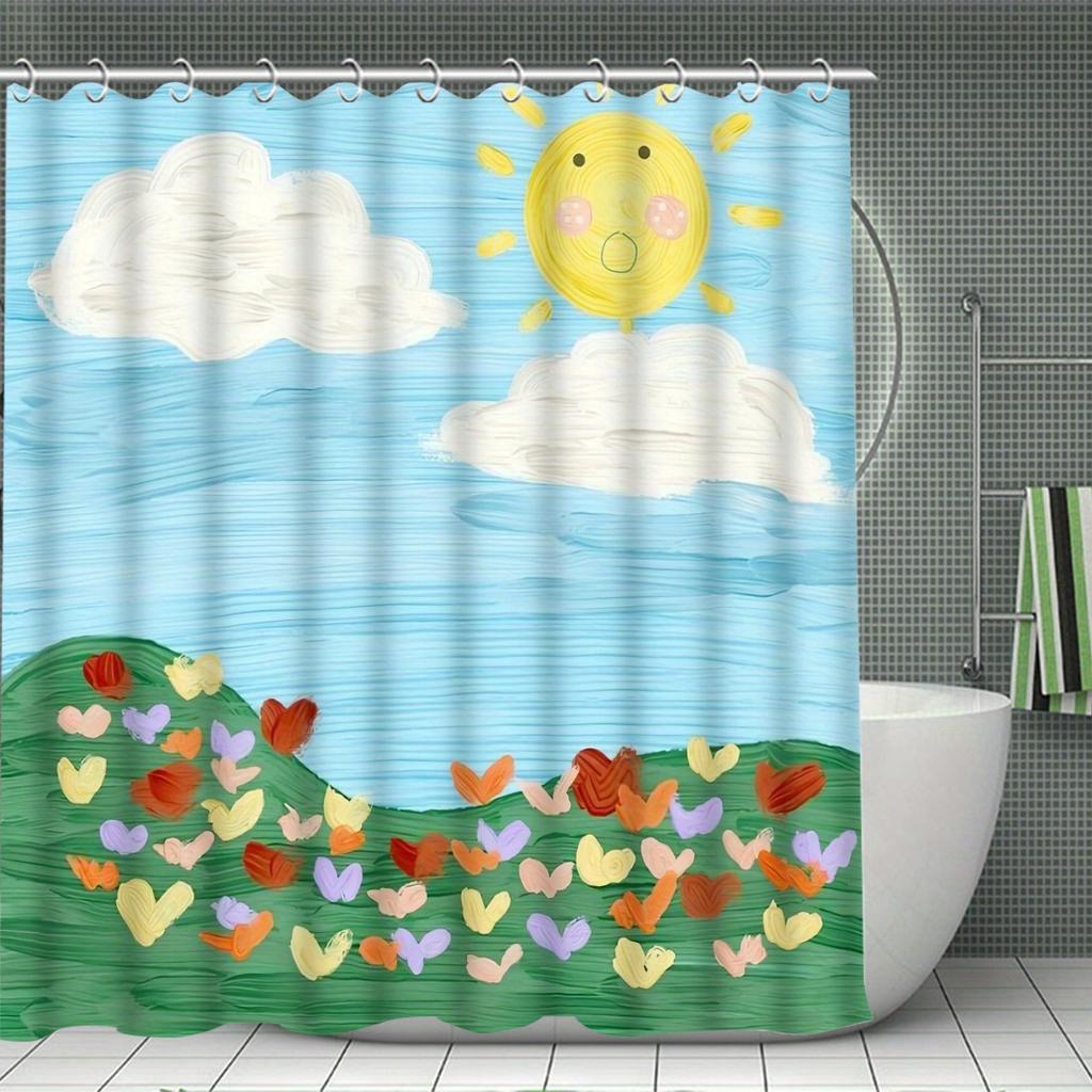 4pcs shower curtain set with 12 hooks - shower curtain, non-slip bath mat, toilet seat cover and U-shaped rug - machine