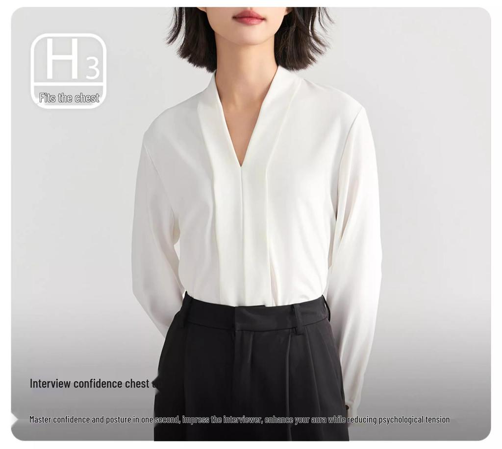 Women's White Chiffon V-Neck Professional Shirt – Elegant Formal Wear for Interviews and Office Settings