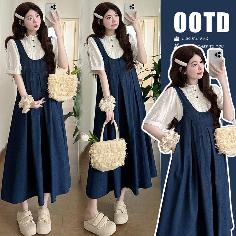 2026 Korean Style Short Sleeve Shirt & Denim Skirt Maternity Set Medium