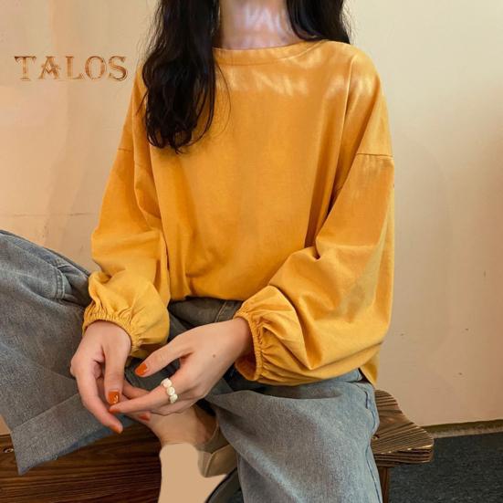 Women T-shirt Round Neck Lantern Long Sleeve Elastic Cuffs Tee Shirt Solid Color Loose Fit Pullover Tops Daily Wear