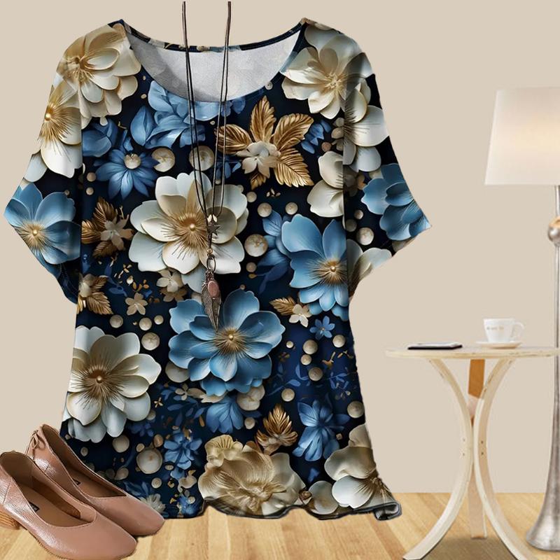 Women's Fashion Casual Loose Spring Shirt Women's Short Sleeve Plant Succulent Flower Printed Tops