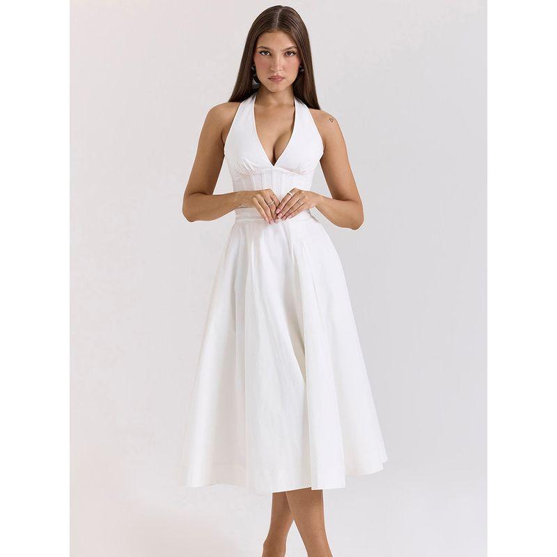 Mercury Crescent House Same Style French style White Deep V-neck Bow Strap Halterneck Skirt Waist Hugging Slimming Dress