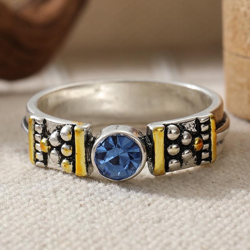 Vintage Inlaid Blue CZ Women's Ring Ethnic Two Color Geometry Daily Wear Party Jewelry Anniversary Gift