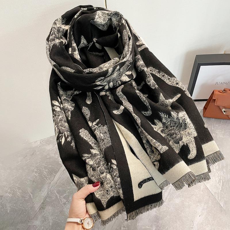 Women S Cat Silhouette Printed Double Sided Faux Cashmere Warm Scarf