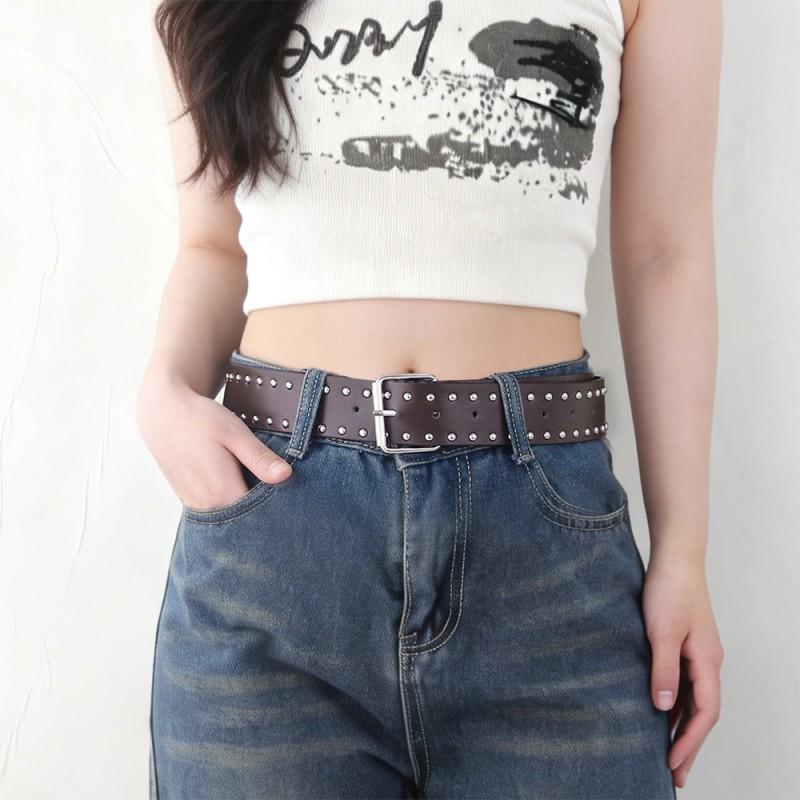 Studded Wide Leather Belt Women Punk Y2K Hip Hop Style Adjustable Waistband With Metal Pin Buckle