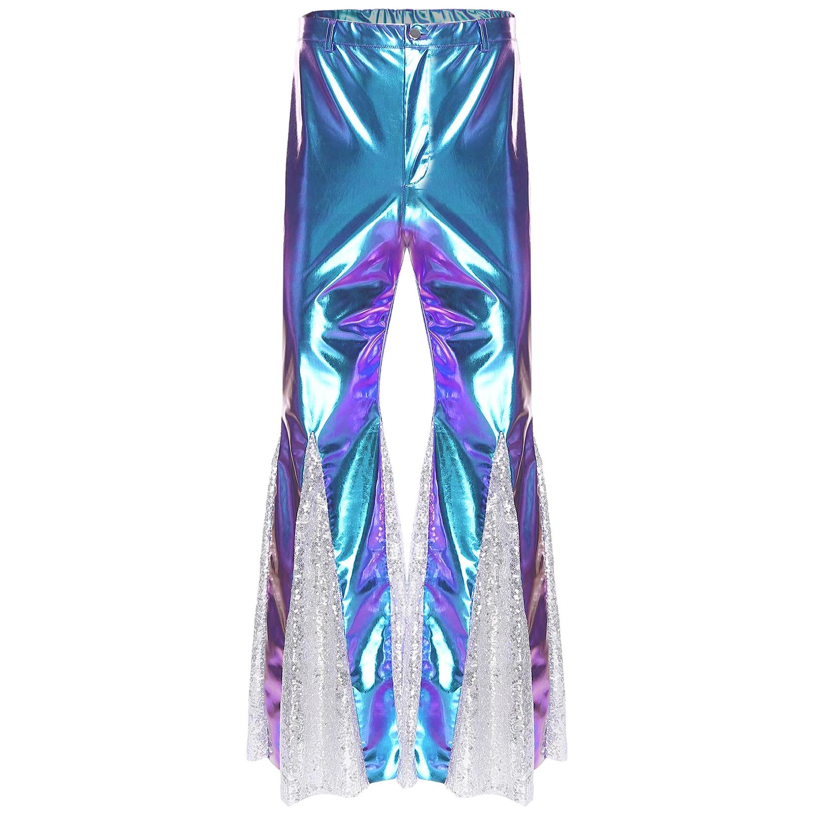 Yunduantong-home Heren Glanzende Jaren 70 Disco Broek Metallic Uitlopend Design Pailletten Versierde Wijde Pijpen Vintage Dansfeest Kostuum XL blauw