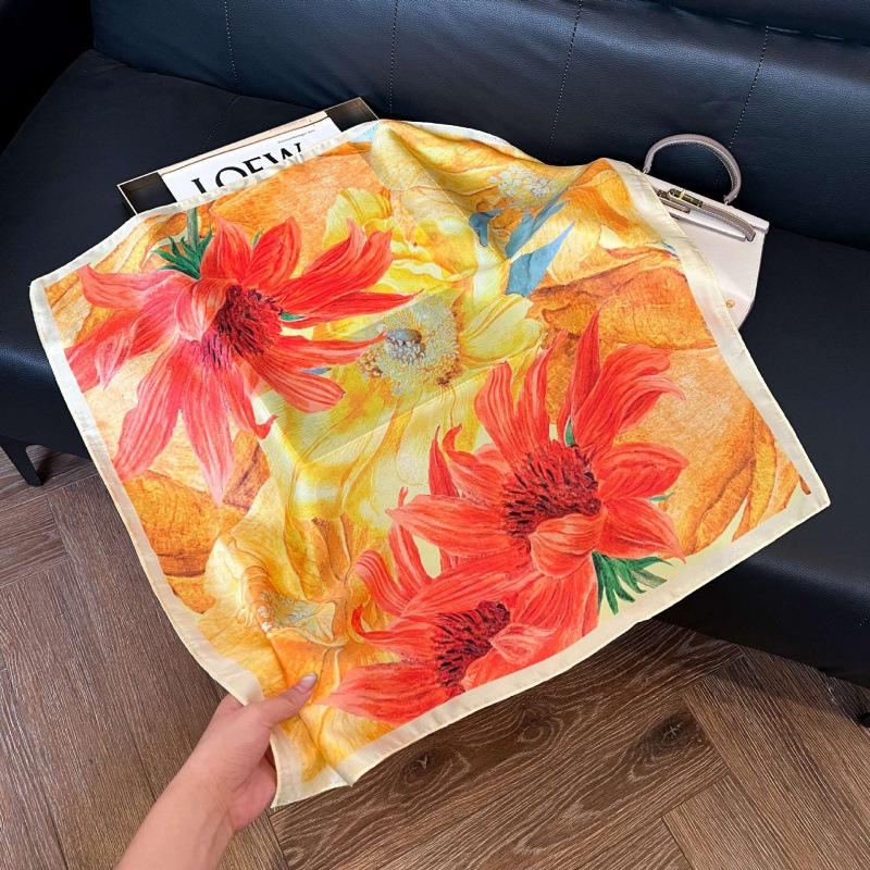 Fashion Black and White Printing Temperament Square Scarf Imitation Silk Korean Version Decorative Scarf Scarf Professional Decorative Shawl Silk Scar