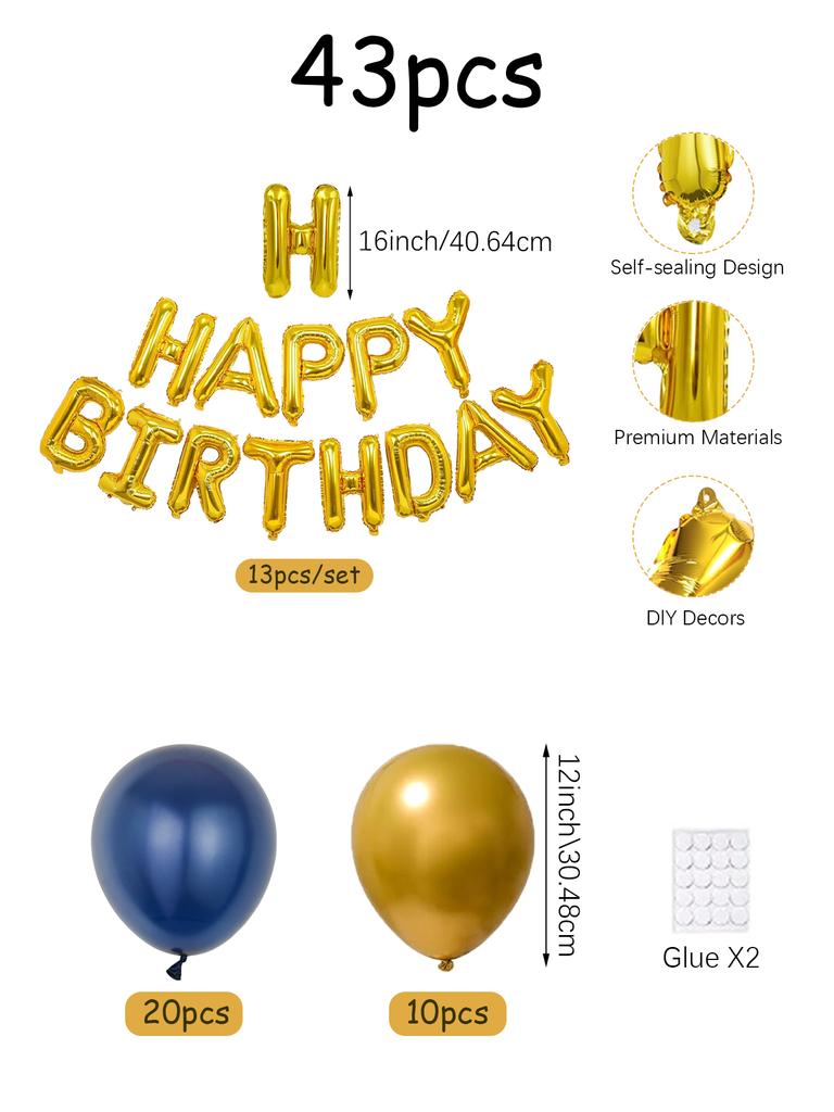 43pcs Gold Happy Birthday Letter Balloon Set, 16 Inch Happy Birthday English Letter Aluminum Foil Balloon Birthday Party