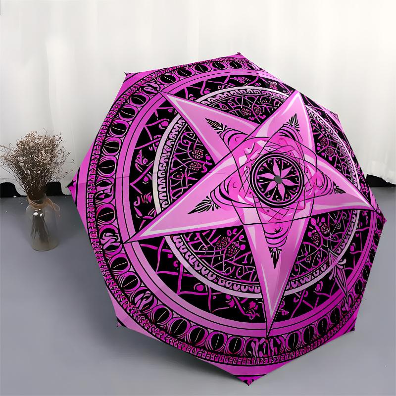 Star Mandala Automatic Folding Umbrella 8 Ribs, Durable Iron Frame, Bright Color Pattern Compact Travel Umbrella, Suitable for Outdoor, Bea