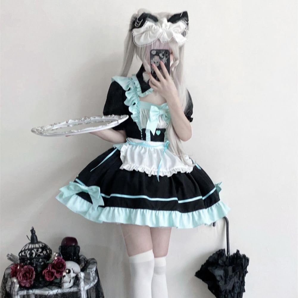 [SDSXZWG] Maid Lolita Kleid Set, Kurzarm, Abnehmbarer Kragen, Hohe Taille, Schlankmachendes Kostüm, Schleife, Rüschenschürze, Cosplay, Subkultur Stil, Schnitt