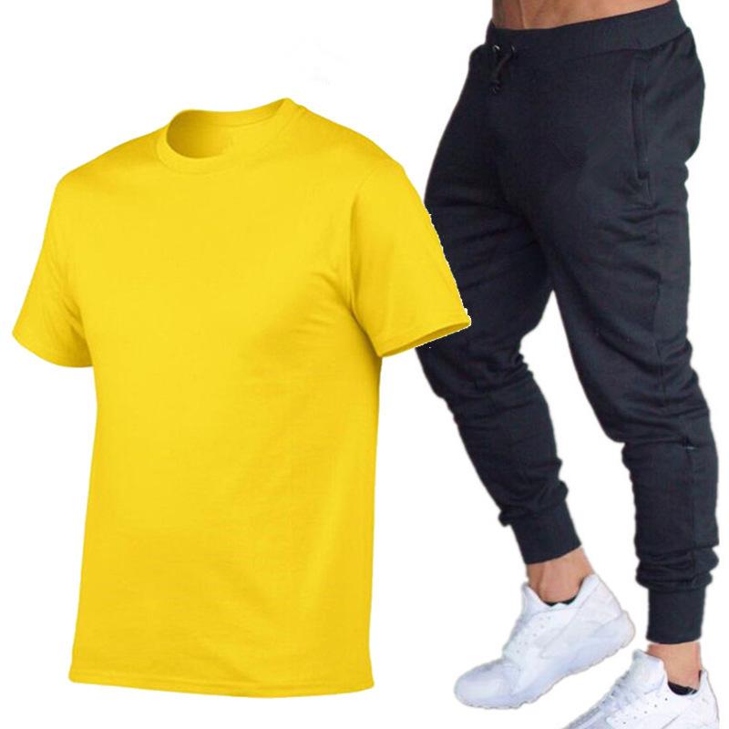 Herren Sommer Freizeit Shorts & Skinny Hosen Set - Baumwolle Rundhals T-Shirt & Lange Hosen