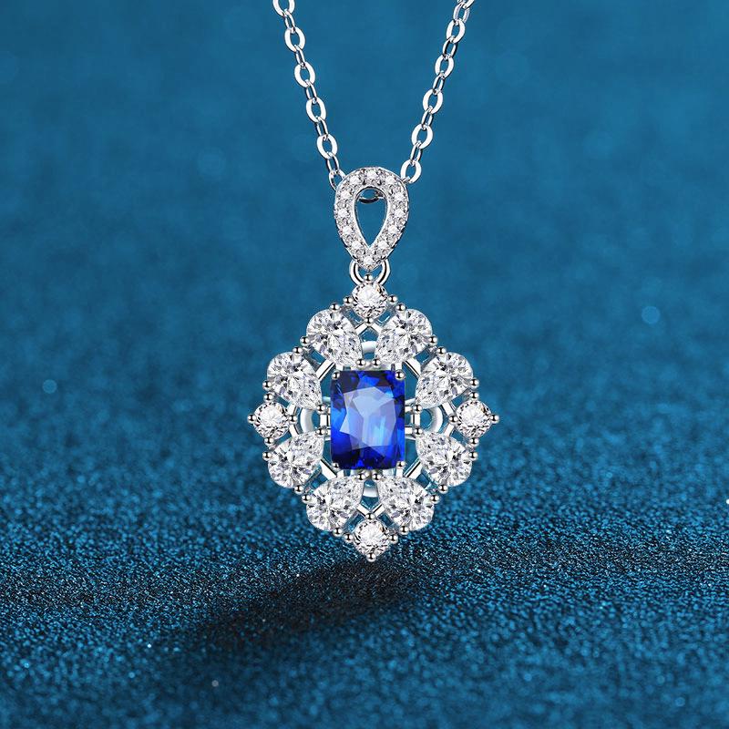 Korean Style Silver Necklace with Blue Red Emerald Water Drop Pendant