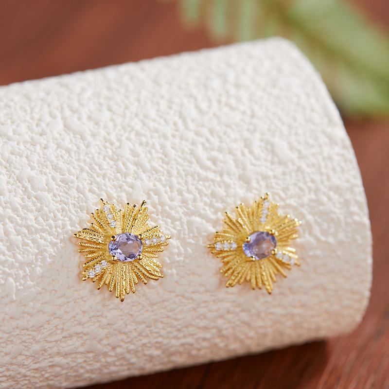 S925 Sterling Silver Colored Treasure Natural Garnet Tanzanite Topaz Earrings Female Niche Snowflake Design