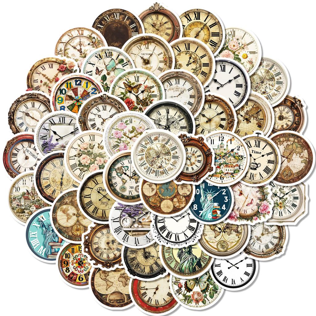 50 Nostalgic Vintage Watch Series Stickers Printed Clock Round Diy Computer Guitar Stickers
