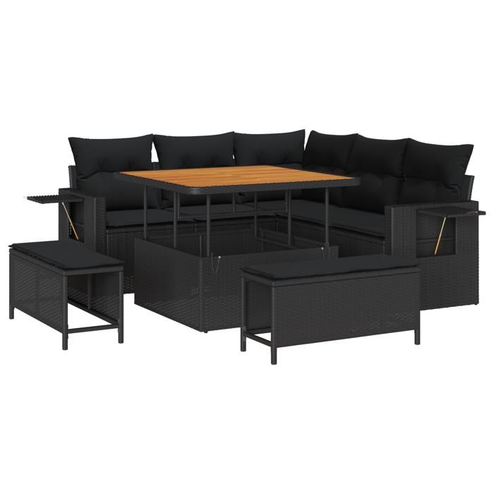 Ensemble de canapé de jardin 8 pièces avec coussins Noir Poly Rattan Acacia, Ensemble de salle à manger de jardin 3 pièces 3361734