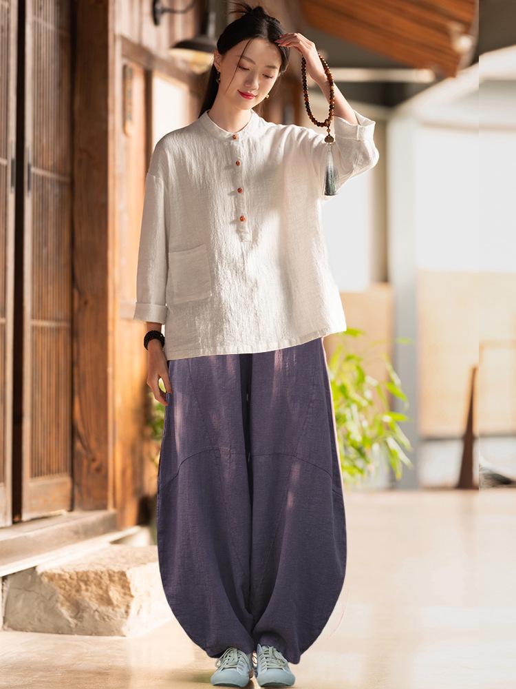 Women's Cotton Linen Zen Meditation Suit with Frog Button Shirt