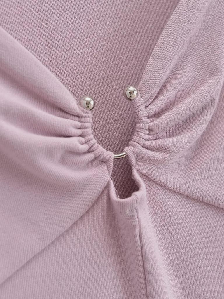 2023 Hot Girl Square Neck Metal Ring Hollow Long Sleeve Top - Sexy Clavicle Exposed Slim Fit Autumn Shirt with Flared Sleeves