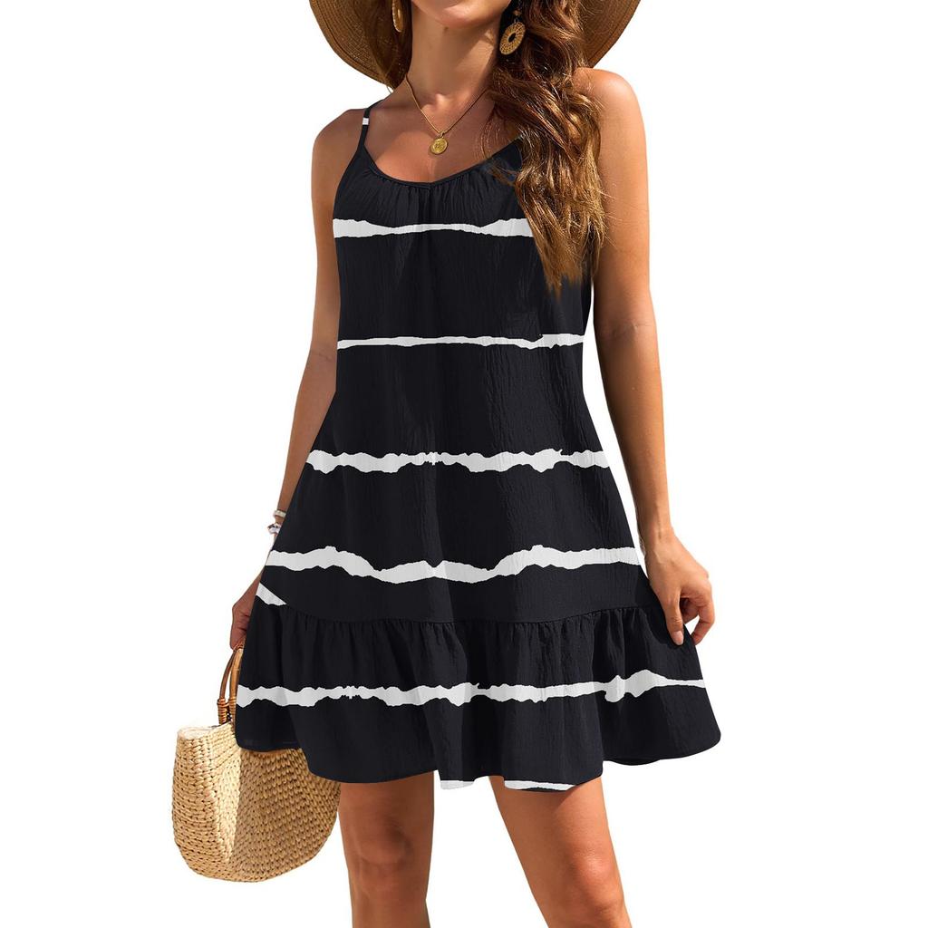 Women's Dresses Sleeveless Loose Casual Geometric Print Hem Pleated Beach Dresses