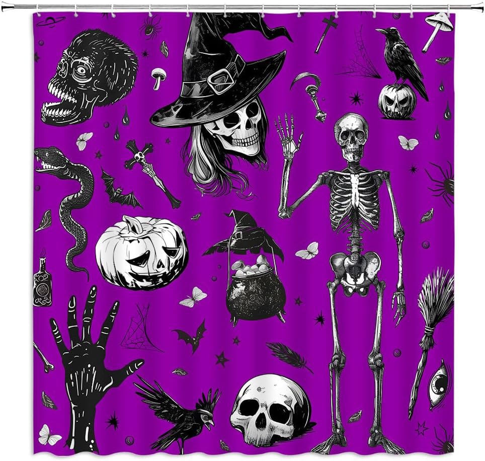 Happy Halloween Shower Curtain Gothic Skull Spooky Pumpkin Witchy Magic Witch Creepy Horror Skeleton Witchcraft Scary Cute