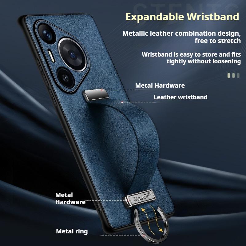 Leather Phone Case for Huawei Pura 90 Pro Max Pura80 Ultra P70 Pro Plus Metal Ring Scalable Wristband Holder Protective Shell